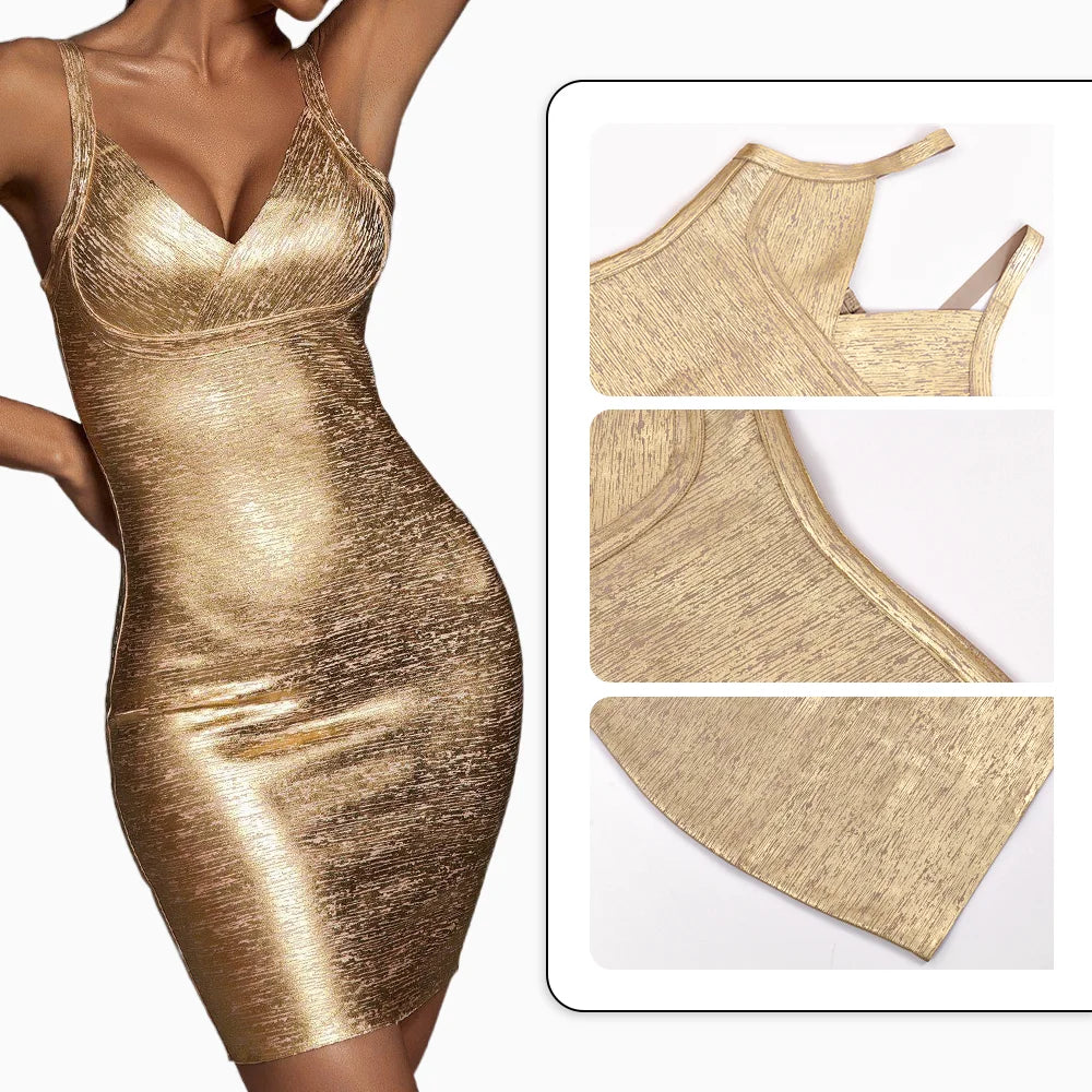 Vicky - V -neck mini vestido en oro